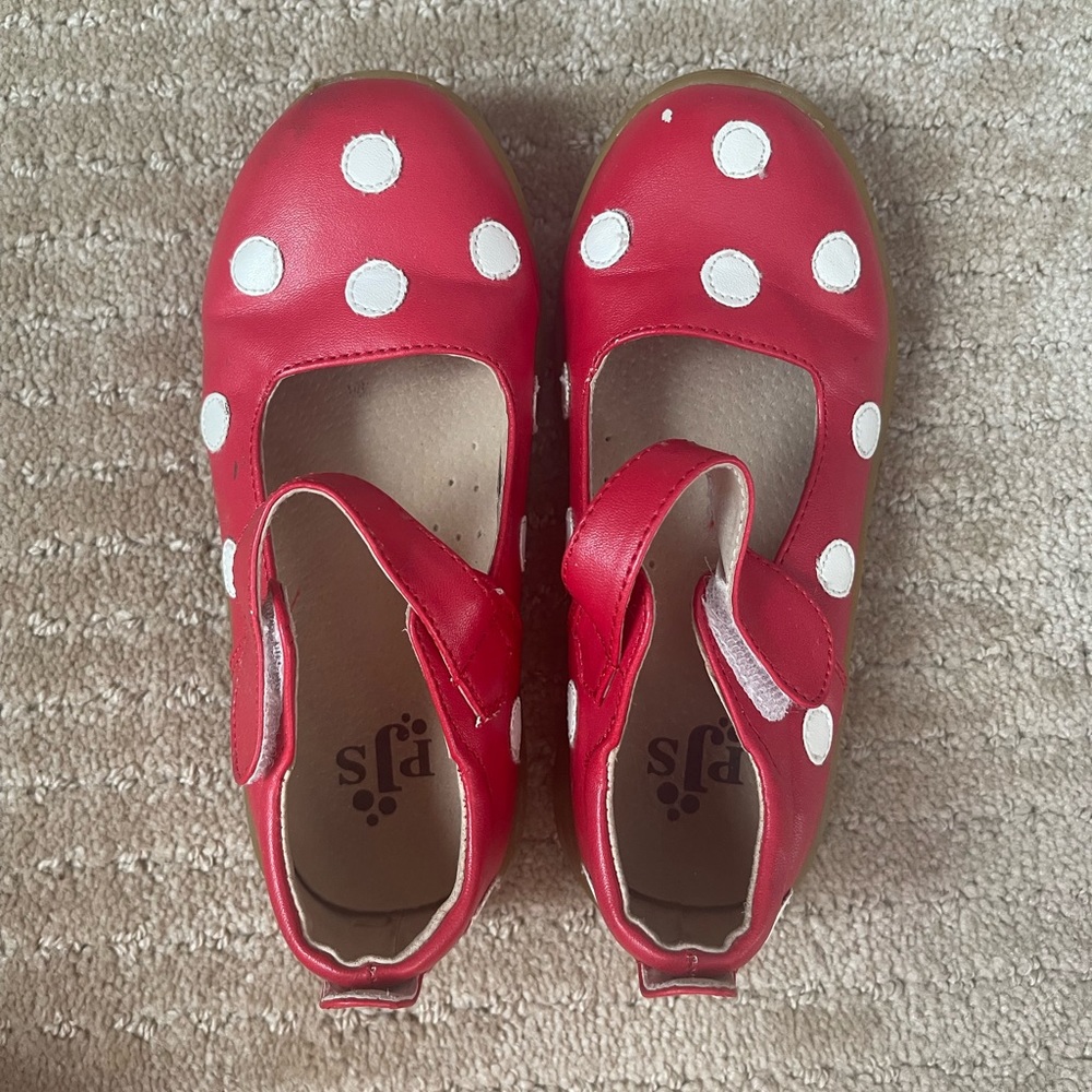 Red and white polka dot Mary Jane shoes. Super comfortable!